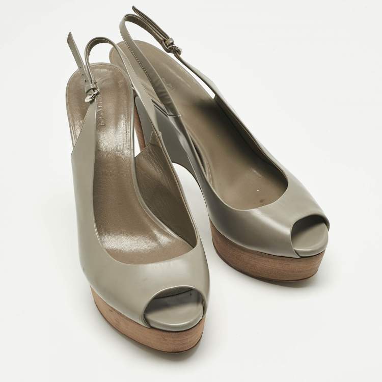 Pre Owned Gucci Grey Leather Peep Toe Slingback Sandals Size 39