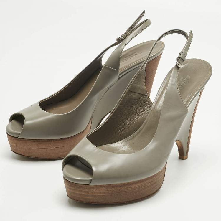 Pre Owned Gucci Grey Leather Peep Toe Slingback Sandals Size 39