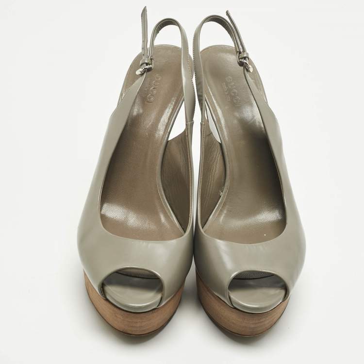 Pre Owned Gucci Grey Leather Peep Toe Slingback Sandals Size 39