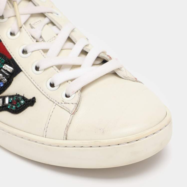 Pre Owned Gucci White Snakeskin Embossed and Leather Ace Low Top Sneakers Size 36.5