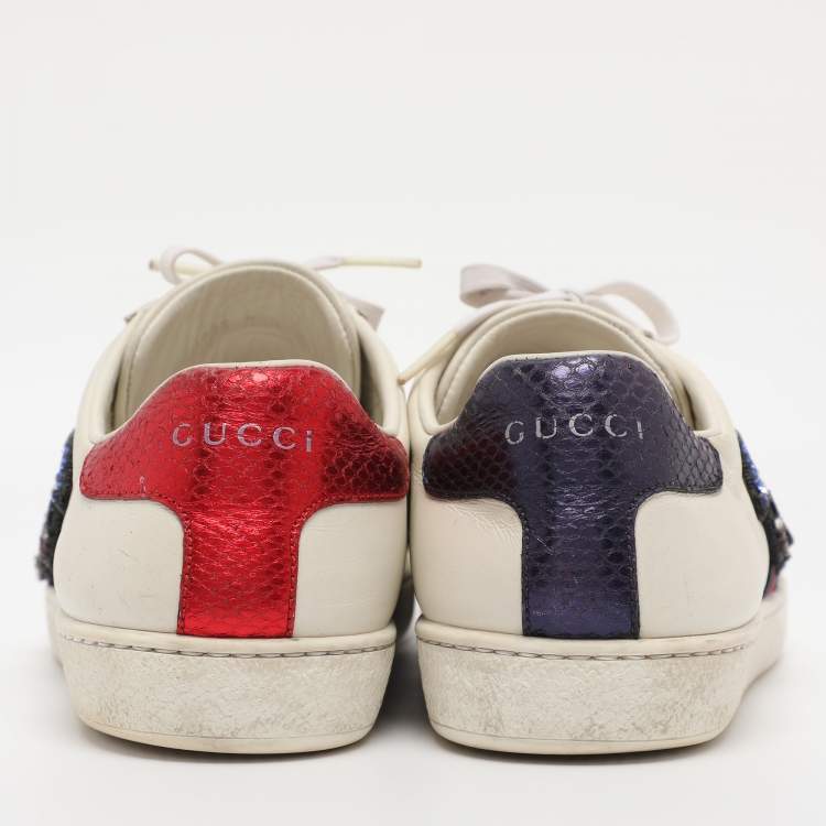 Pre Owned Gucci White Snakeskin Embossed and Leather Ace Low Top Sneakers Size 36.5