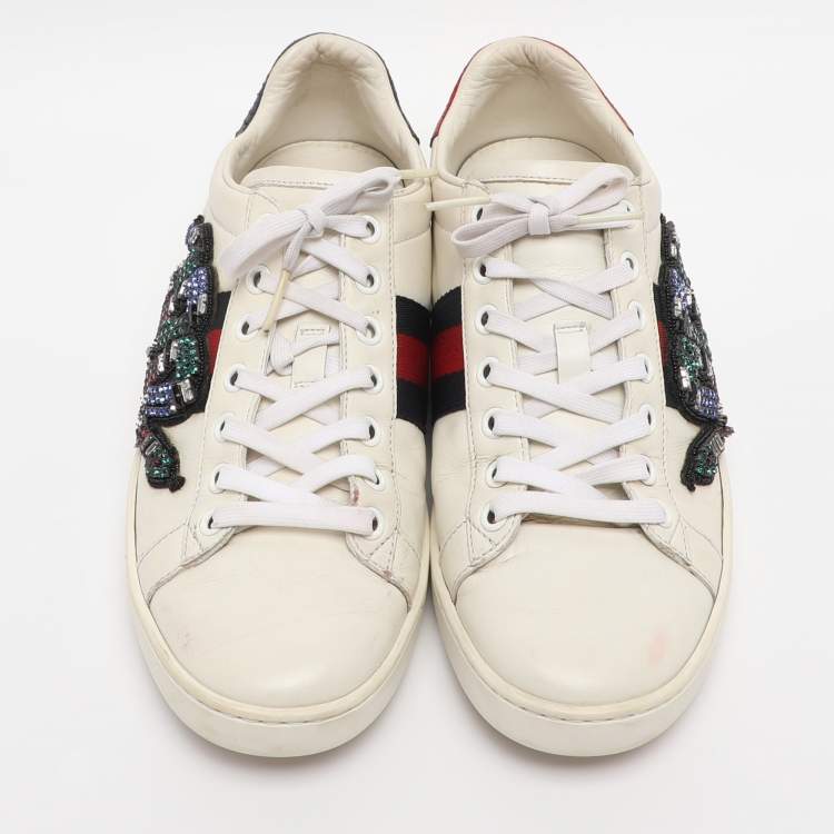 Pre Owned Gucci White Snakeskin Embossed and Leather Ace Low Top Sneakers Size 36.5