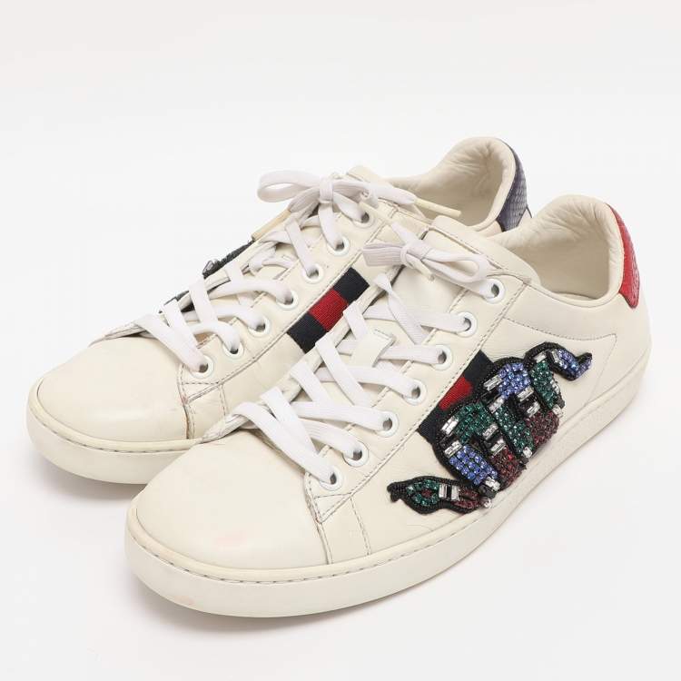 Pre Owned Gucci White Snakeskin Embossed and Leather Ace Low Top Sneakers Size 36.5