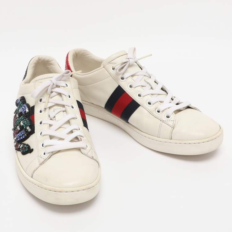 Pre Owned Gucci White Snakeskin Embossed and Leather Ace Low Top Sneakers Size 36.5