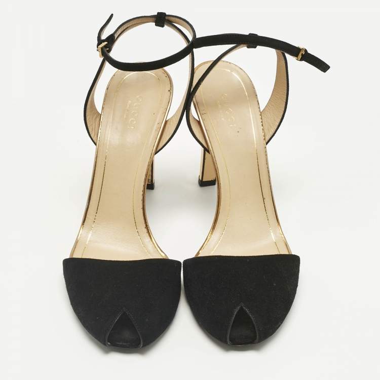 Pre Owned Gucci Black/Gold Leather and Suede Delphine Ankle Wrap Pumps Size 39