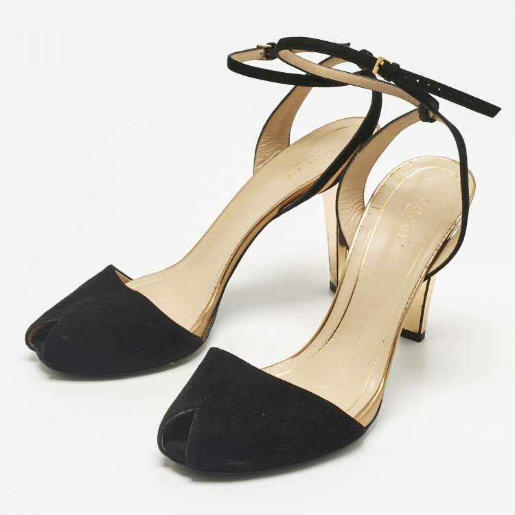 Pre Owned Gucci Black/Gold Leather and Suede Delphine Ankle Wrap Pumps Size 39