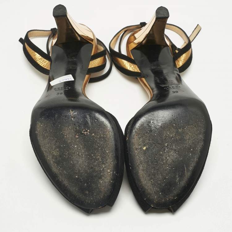 Pre Owned Gucci Black/Gold Leather and Suede Delphine Ankle Wrap Pumps Size 39