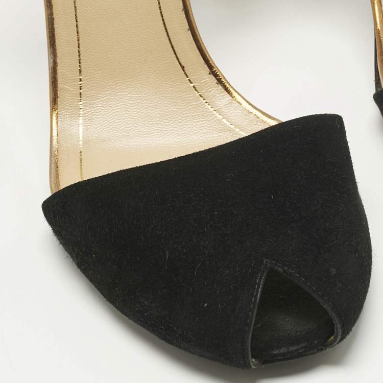 Pre Owned Gucci Black/Gold Leather and Suede Delphine Ankle Wrap Pumps Size 39