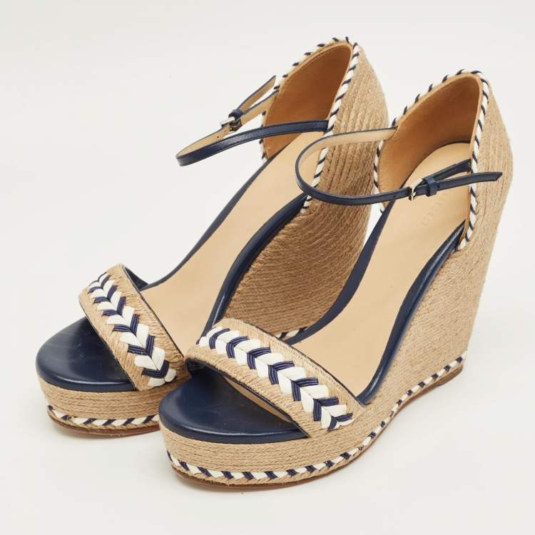 Pre Owned Gucci Beige/Blue Jute and Leather Crystal Embellished Espadrille Wedge Sandals Size 39.5