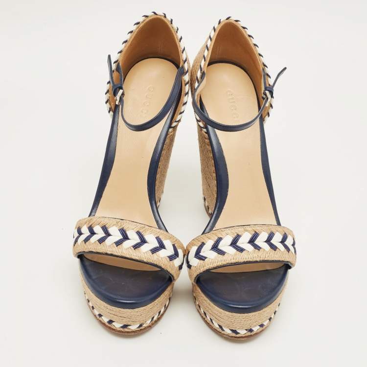 Pre Owned Gucci Beige/Blue Jute and Leather Crystal Embellished Espadrille Wedge Sandals Size 39.5