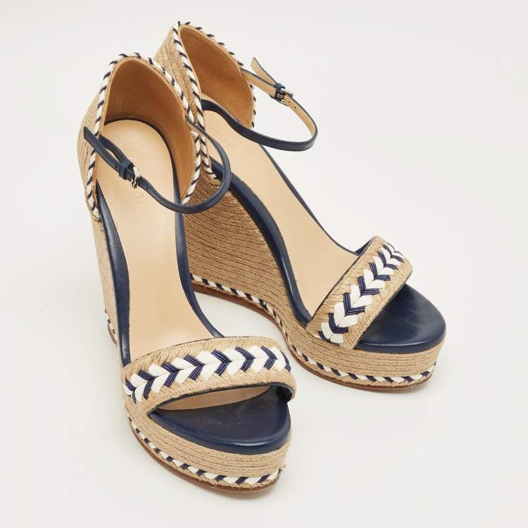 Pre Owned Gucci Beige/Blue Jute and Leather Crystal Embellished Espadrille Wedge Sandals Size 39.5