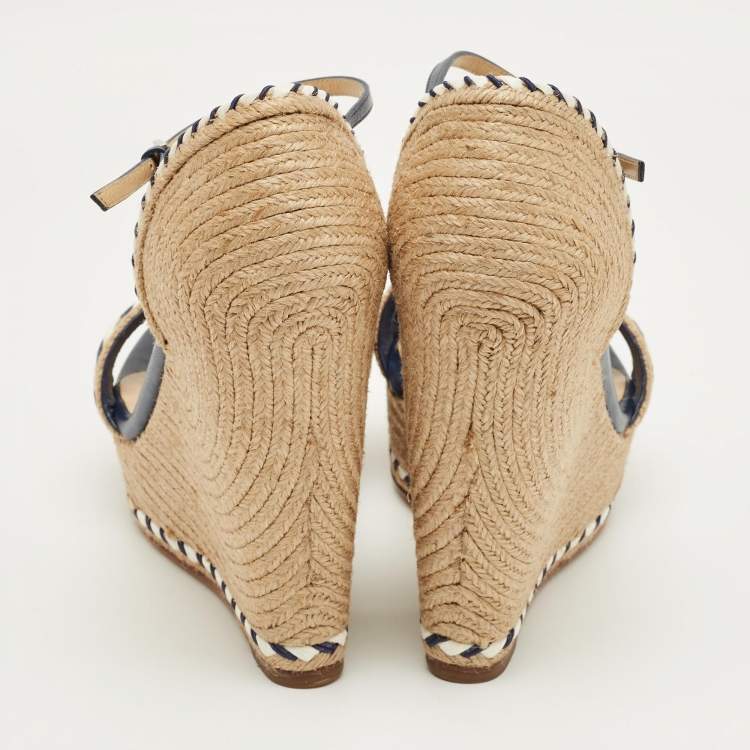 Pre Owned Gucci Beige/Blue Jute and Leather Crystal Embellished Espadrille Wedge Sandals Size 39.5
