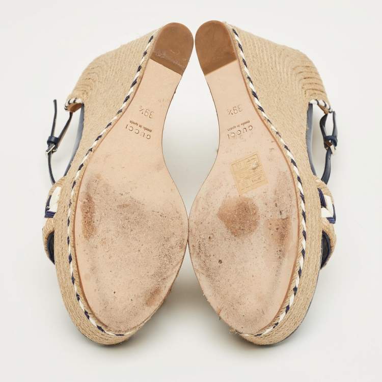 Pre Owned Gucci Beige/Blue Jute and Leather Crystal Embellished Espadrille Wedge Sandals Size 39.5