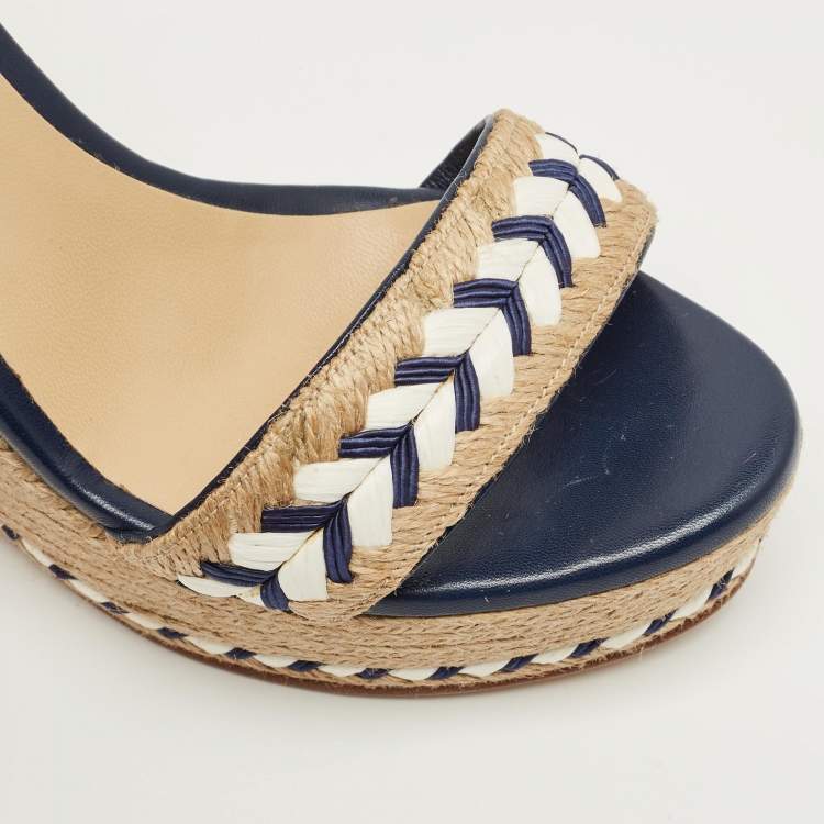 Pre Owned Gucci Beige/Blue Jute and Leather Crystal Embellished Espadrille Wedge Sandals Size 39.5