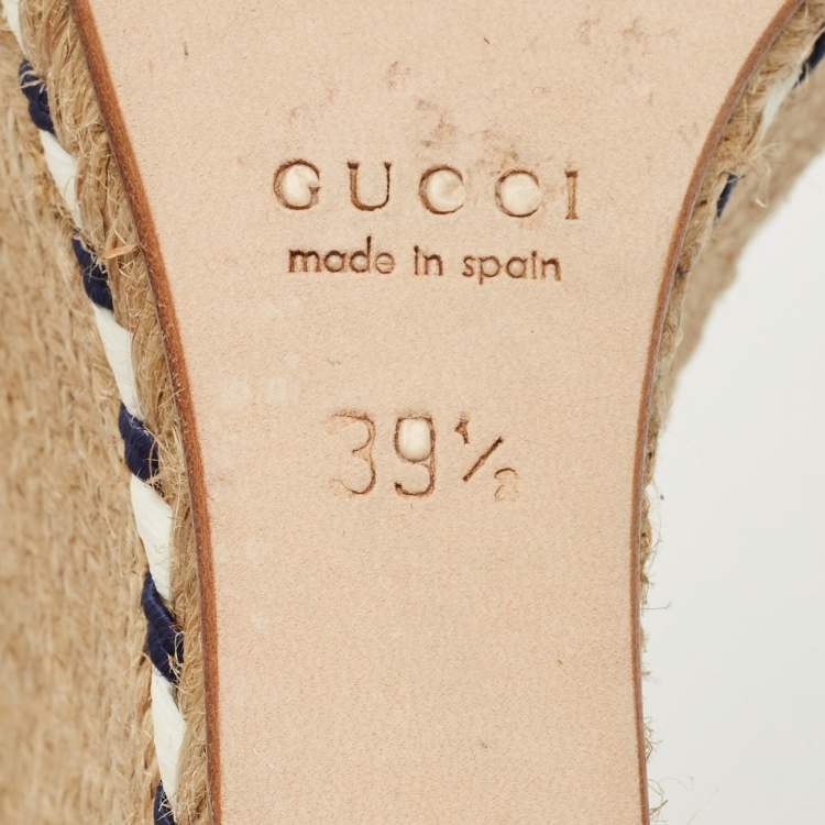 Pre Owned Gucci Beige/Blue Jute and Leather Crystal Embellished Espadrille Wedge Sandals Size 39.5
