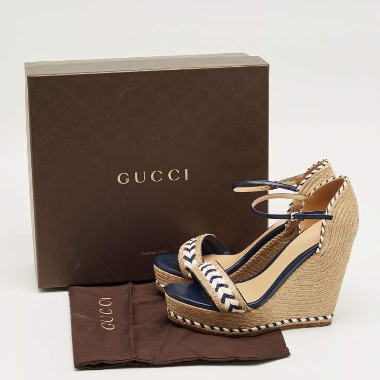 Pre Owned Gucci Beige/Blue Jute and Leather Crystal Embellished Espadrille Wedge Sandals Size 39.5
