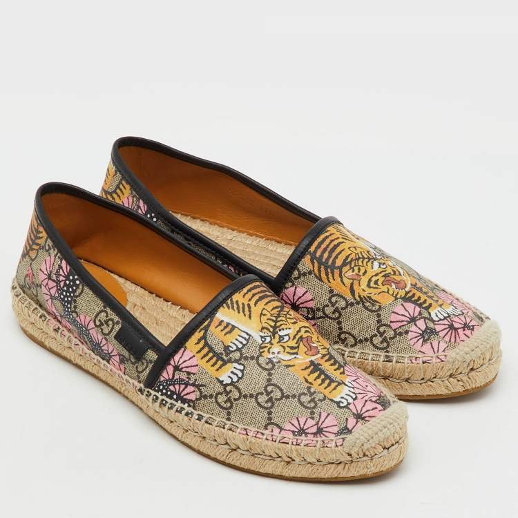 Pre Owned Gucci Multicolor GG Supreme Canvas Bengal Tiger Print Pillar Espadrille Flats Size 39.5