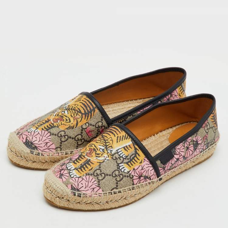 Pre Owned Gucci Multicolor GG Supreme Canvas Bengal Tiger Print Pillar Espadrille Flats Size 39.5