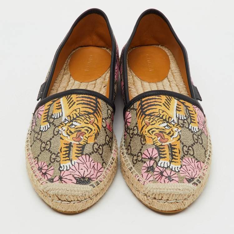 Pre Owned Gucci Multicolor GG Supreme Canvas Bengal Tiger Print Pillar Espadrille Flats Size 39.5