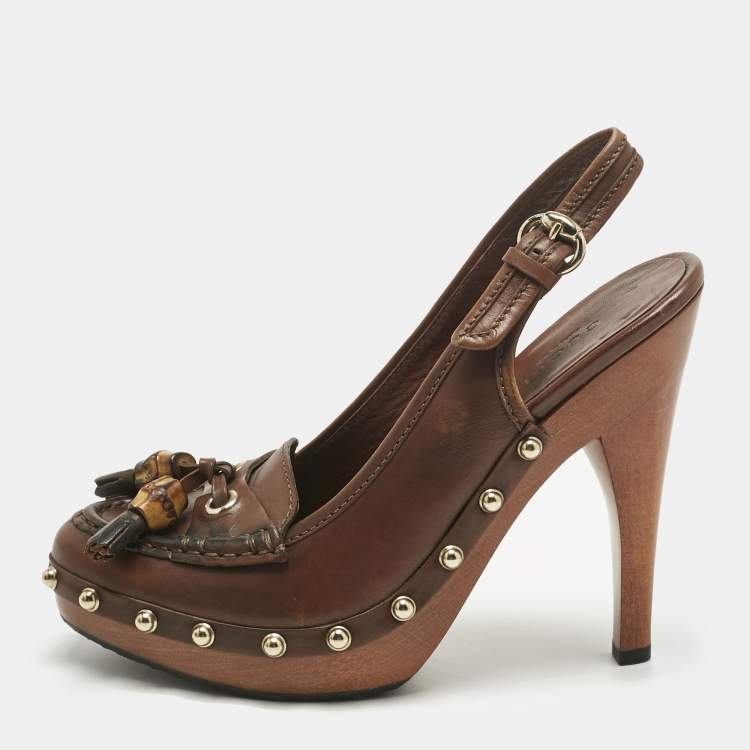 مملوكة مسبقًا Gucci Brown Leather Bamboo Fringe Slingback Pumps Size 36