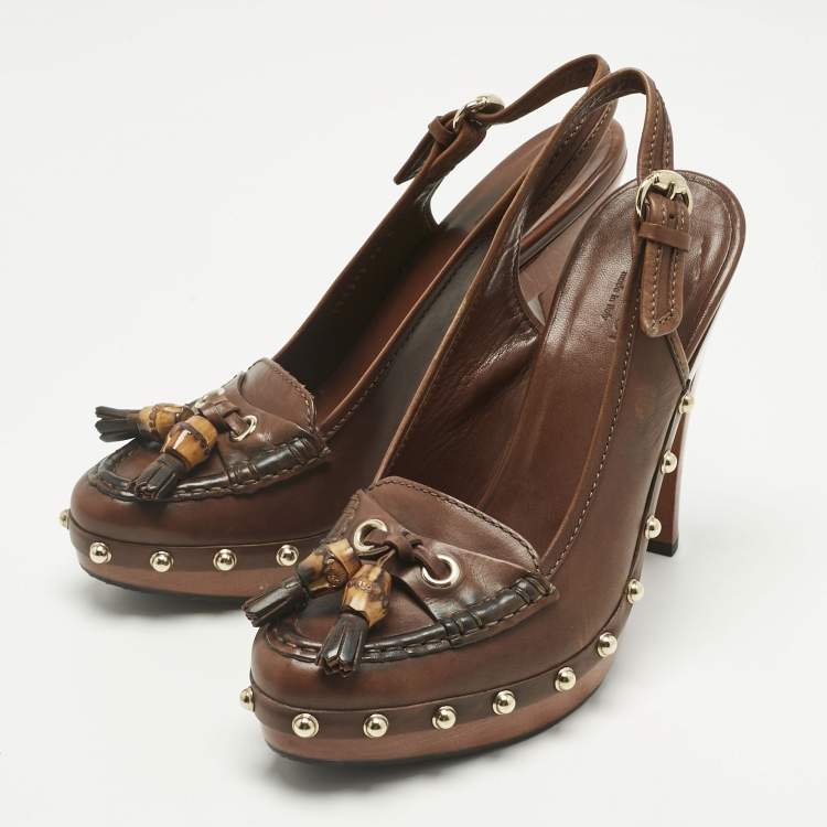 مملوكة مسبقًا Gucci Brown Leather Bamboo Fringe Slingback Pumps Size 36