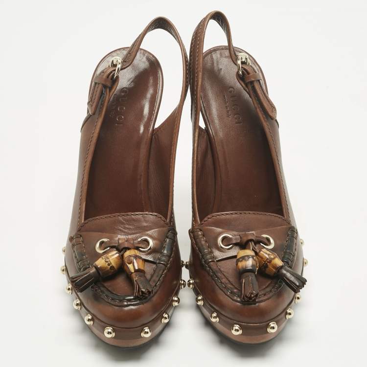 مملوكة مسبقًا Gucci Brown Leather Bamboo Fringe Slingback Pumps Size 36