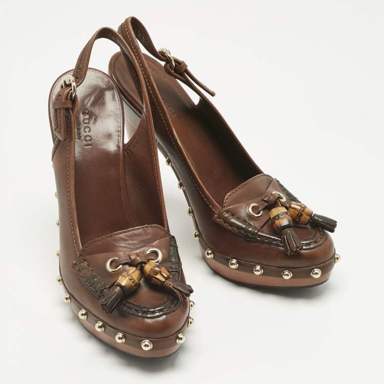 مملوكة مسبقًا Gucci Brown Leather Bamboo Fringe Slingback Pumps Size 36