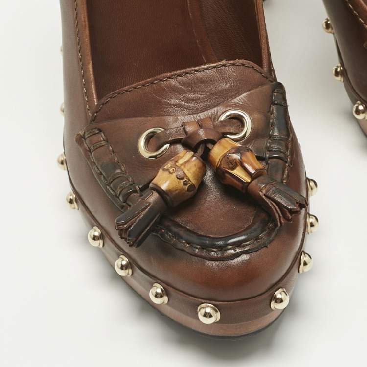 مملوكة مسبقًا Gucci Brown Leather Bamboo Fringe Slingback Pumps Size 36