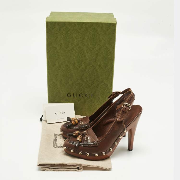 مملوكة مسبقًا Gucci Brown Leather Bamboo Fringe Slingback Pumps Size 36