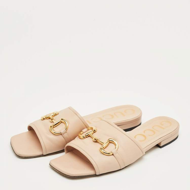 Pre Owned Gucci Pink Leather Horsebit Slide Flats Size 40