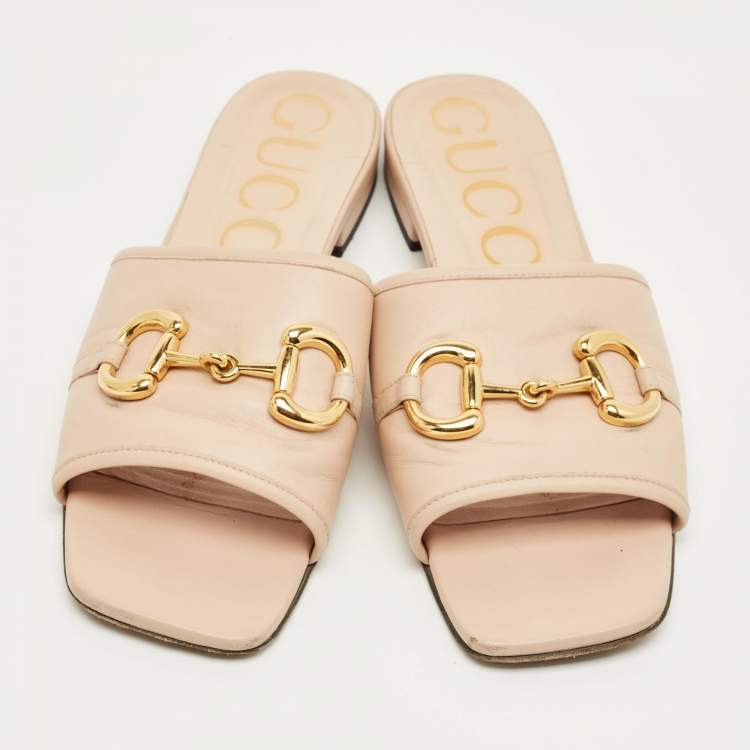 Pre Owned Gucci Pink Leather Horsebit Slide Flats Size 40
