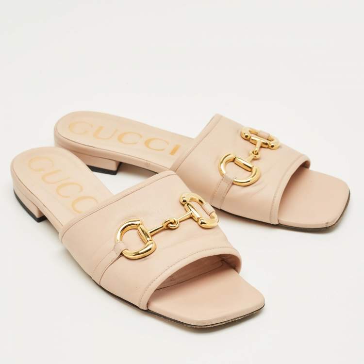 Pre Owned Gucci Pink Leather Horsebit Slide Flats Size 40