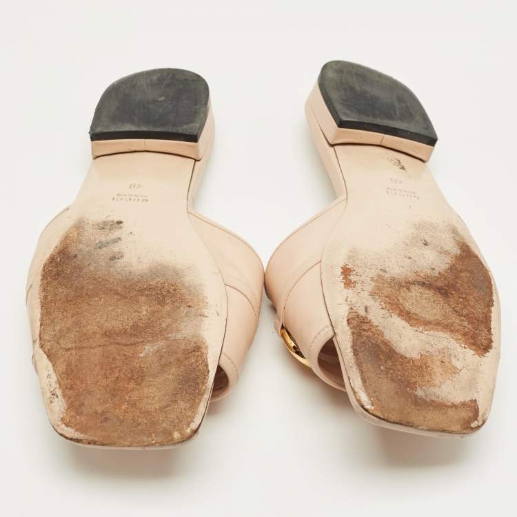 Pre Owned Gucci Pink Leather Horsebit Slide Flats Size 40