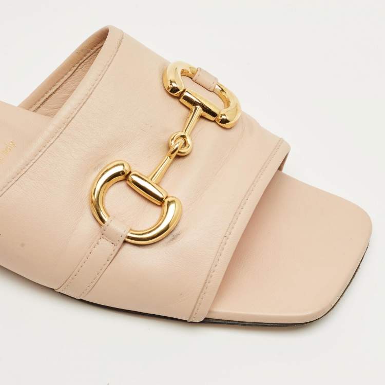 Pre Owned Gucci Pink Leather Horsebit Slide Flats Size 40