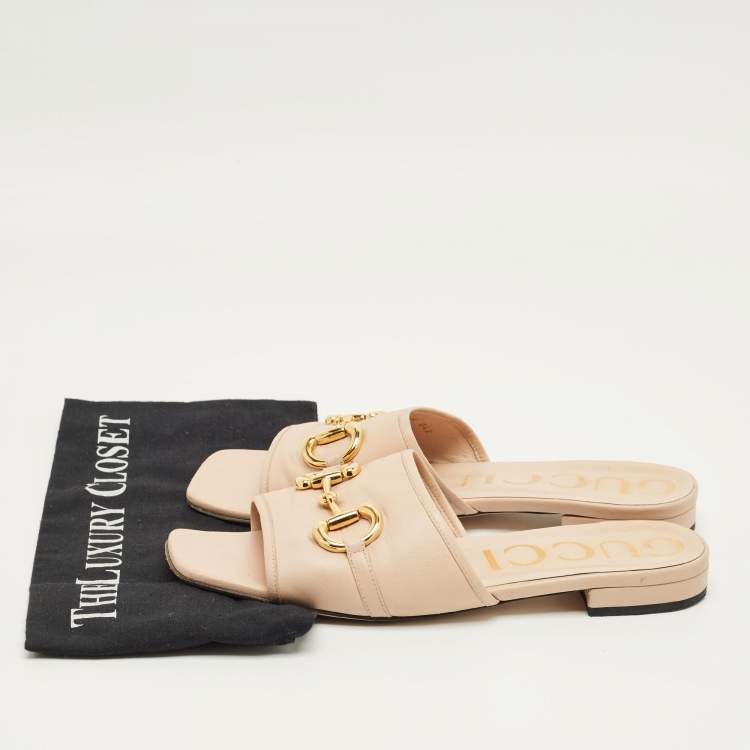 Pre Owned Gucci Pink Leather Horsebit Slide Flats Size 40