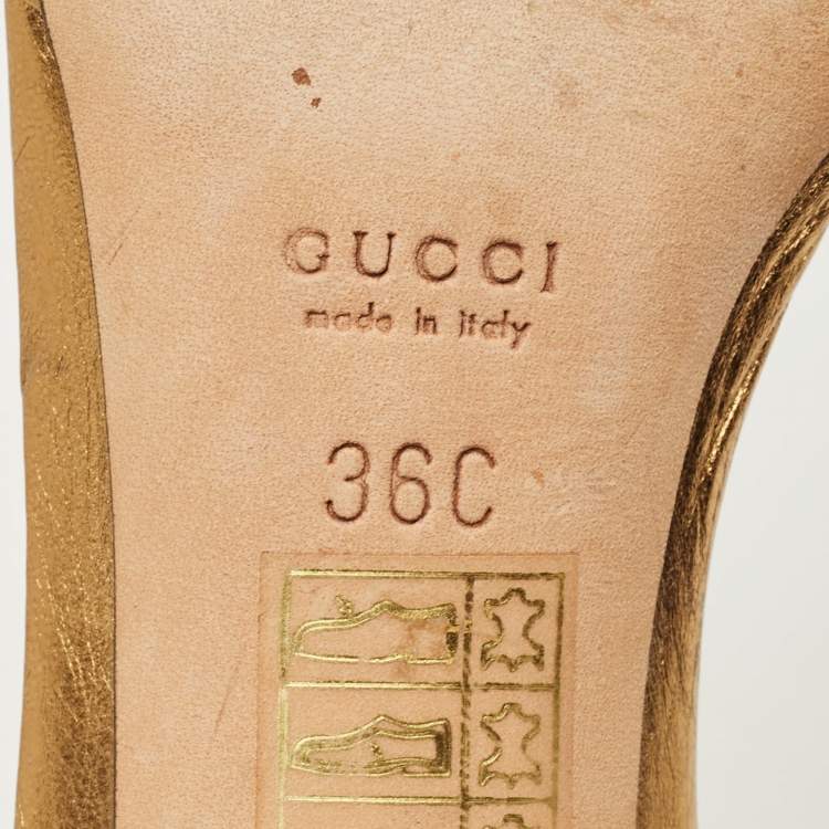 Pre Owned Gucci Gold Leather Logo Embellish Slide Sandals Size 36