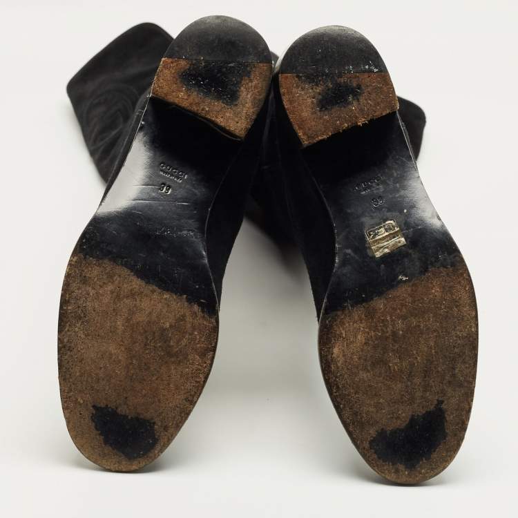 Pre Owned Gucci Black Leather And Suede Horsebit Knee Length Boots Size 39