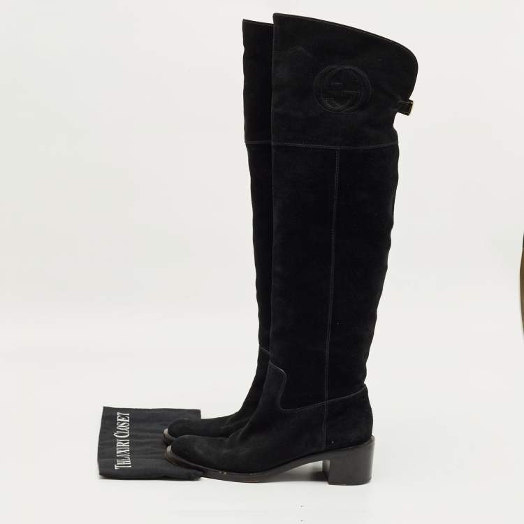 Pre Owned Gucci Black Leather And Suede Horsebit Knee Length Boots Size 39