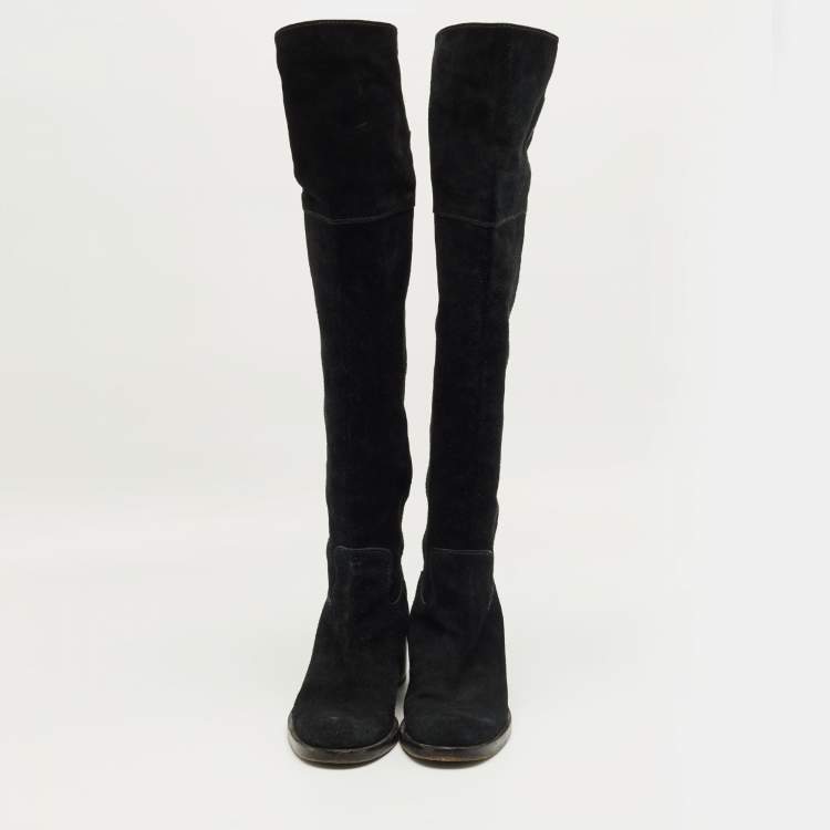 Pre Owned Gucci Black Leather And Suede Horsebit Knee Length Boots Size 39