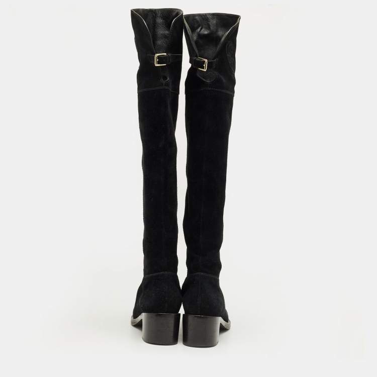 Pre Owned Gucci Black Leather And Suede Horsebit Knee Length Boots Size 39