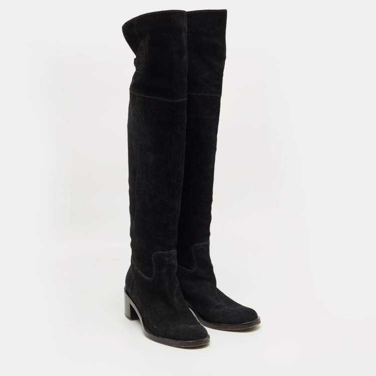 Pre Owned Gucci Black Leather And Suede Horsebit Knee Length Boots Size 39