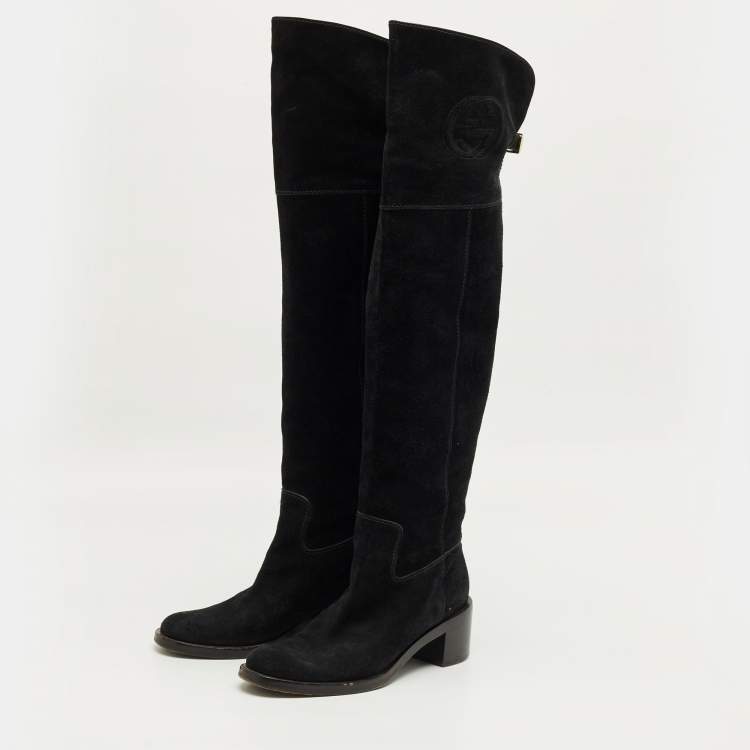 Pre Owned Gucci Black Leather And Suede Horsebit Knee Length Boots Size 39