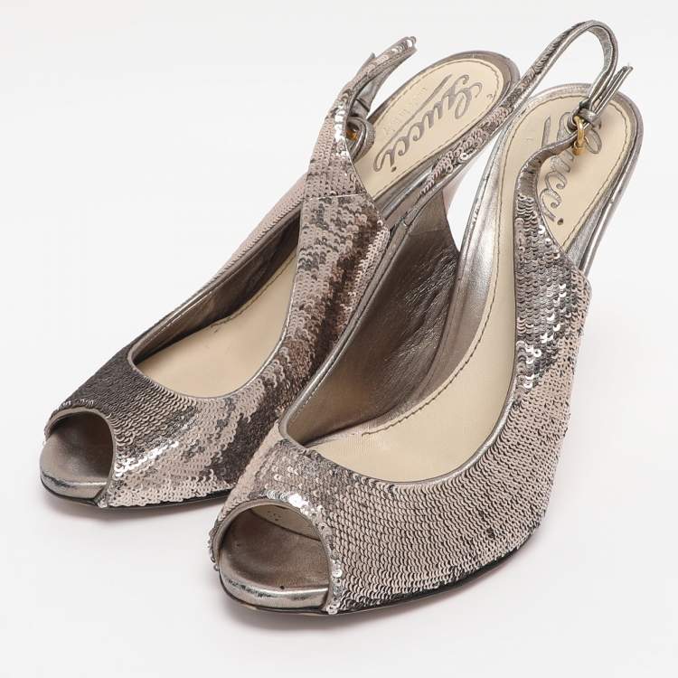 Pre Owned Gucci Silver Sequins Slingback Pumps Size 36