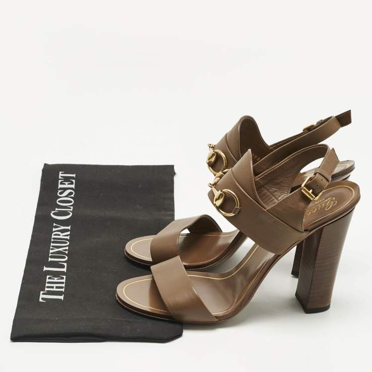 Pre Owned Gucci Brown Leather Horsebit Ankle Strap Sandals Size 37.5