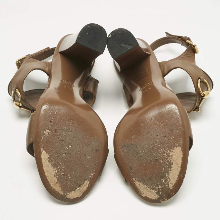 Pre Owned Gucci Brown Leather Horsebit Ankle Strap Sandals Size 37.5