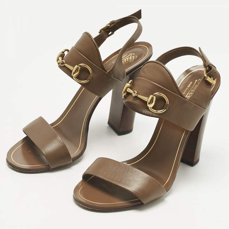 Pre Owned Gucci Brown Leather Horsebit Ankle Strap Sandals Size 37.5