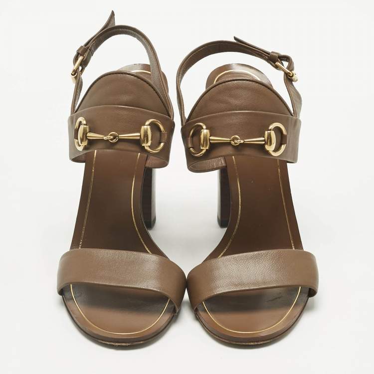 Pre Owned Gucci Brown Leather Horsebit Ankle Strap Sandals Size 37.5