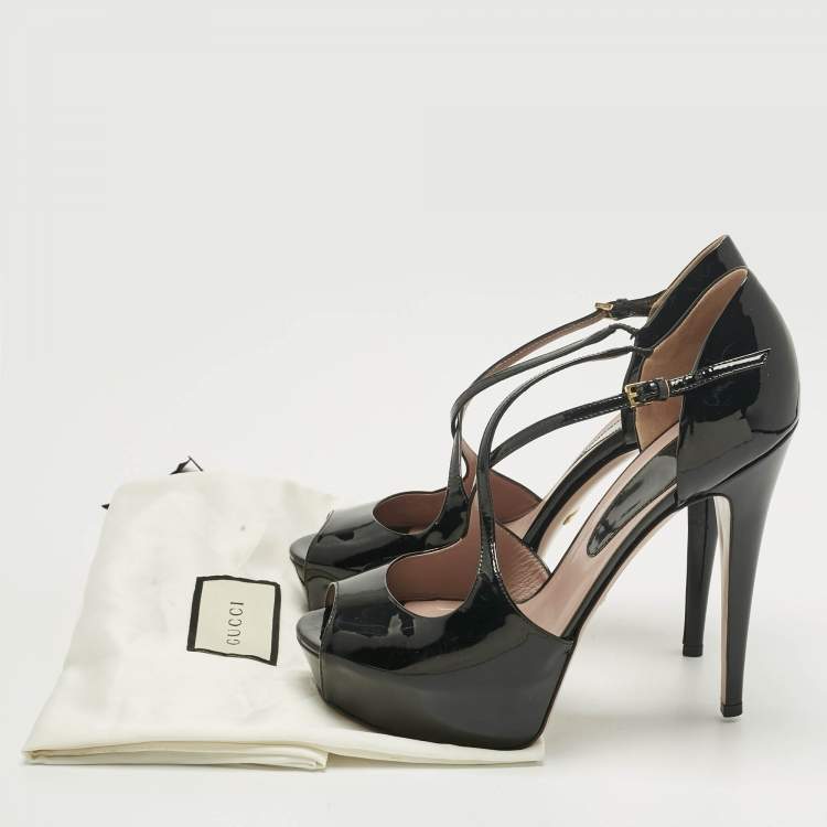 Pre Owned Gucci Black Patent Leather Platform Crisscross Strap Pumps Size 39