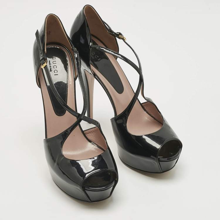 Pre Owned Gucci Black Patent Leather Platform Crisscross Strap Pumps Size 39