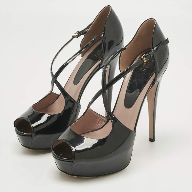 Pre Owned Gucci Black Patent Leather Platform Crisscross Strap Pumps Size 39